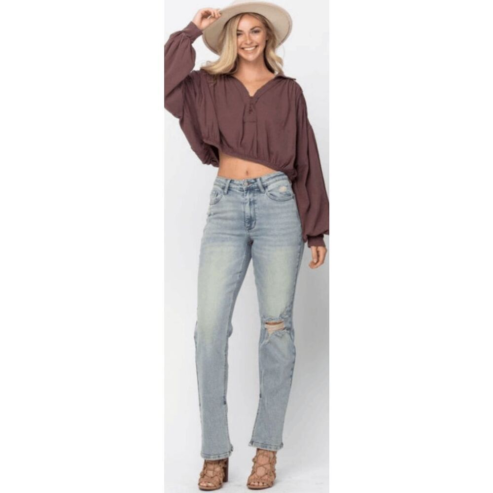 Judy Blue NWT High Rise Slit Hem Straight Leg Jeans JB88511 32” In Light Blue 7 - Picture 1 of 5
